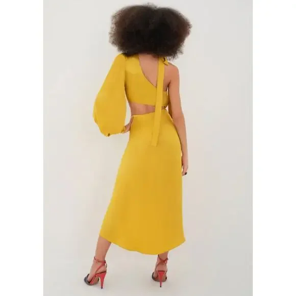 For Love & Lemons Mila Yellow Satin One Shoulder dress NWT